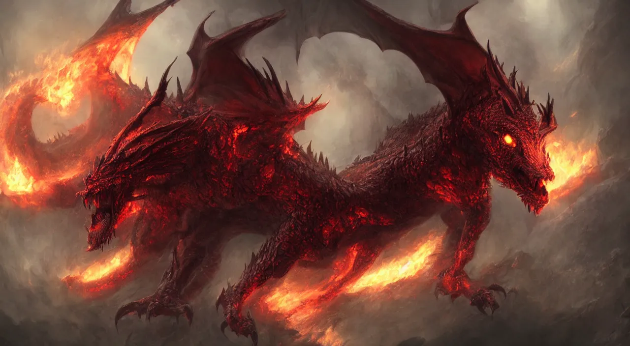 Image similar to from the depths of hell was he summoned, the great dragon beast rose from the fires with gleaming red eyes, in the style of raymond swanland