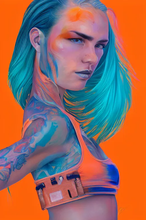 Prompt: a award winning half body portrait of a beautiful caucasian woman in a croptop and cargo pants with ombre orange blue teal hairstyle with head in motion and hair flying by martine johanna, outrun, vaporware, digital art, trending on artstation, highly detailed, fine detail, intricate