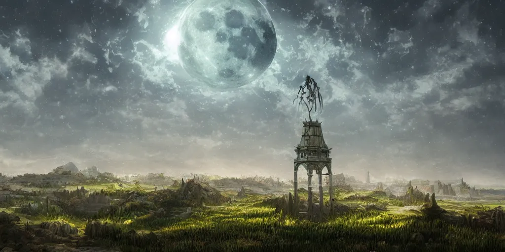 Image similar to The great intricate marble wizards tower, painted landscape, green fields in the background, moody lighting, moon in the night sky, sharp image, 4k, artstation, colorful digital art