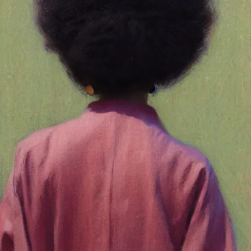 Image similar to girl with afro, in kimono, closeup portrait backview, low angle, jeremy lipking, tim rees, joseph todorovitch