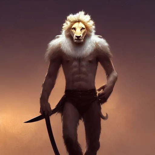 Image similar to commission of a male anthropomorphic albino lion holding a sword,digital art,art by greg rutkowski,trevor henderson,ross tran,photorealistic,hyperdetailes,highly realistic,natural lighting,deviantart,artstation,dramatic,cinematic,4k,western comic style