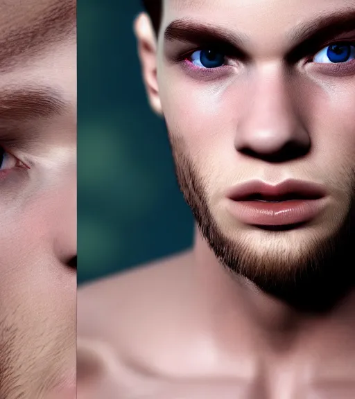 Image similar to photo realistic render of the most handsome young man in the world, he is seductive, beautiful, perfect and has multicoloured eyes that shine