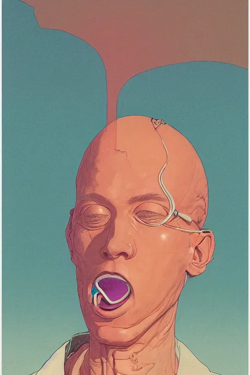 Image similar to a scifi closeup portrait of a young british man licking a blotter paper of LSD acid on his tongue and dreaming psychedelic hallucinations in cosmos, by kawase hasui, moebius, Edward Hopper and James Gilleard, Zdzislaw Beksinski, Steven Outram colorful flat surreal design, hd, 8k, artstation