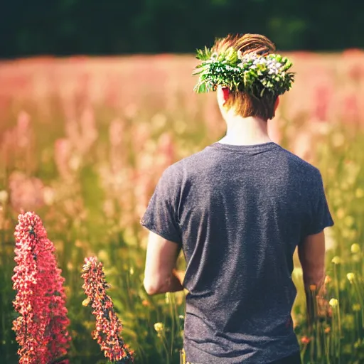 Image similar to revolog kolor photograph of a skinny blonde guy standing in a field of flowers, flower crown, back view, grain, moody lighting, telephoto, 9 0 s vibe, blurry background, vaporwave colors!, faded!,