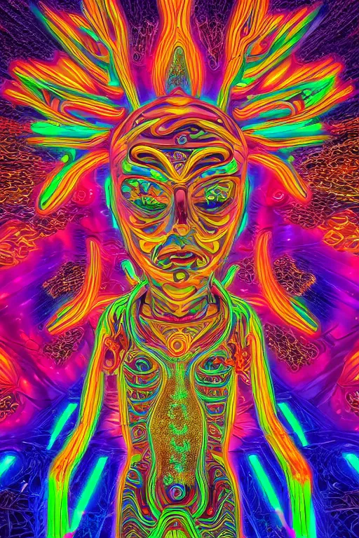 Image similar to a detailed digital neon illustration of the burningman effigy in the style of Alex Grey, lisa frank, beeple, dan mumford. maya render, trending on artstation, greg rutkowski very coherent symmetrical artwork, psychedelic, fantasy, 8k, 3d render, intricate, symmetry, cinematic, hyper realism, high detail, 8k, iridescent accents