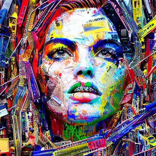 Prompt: a woman's face is covered in multicolored paint, an ultrafine detailed painting by Derek Gores, featured on zbrush central, crayon art, made of paperclips, made of trash, marble sculpture