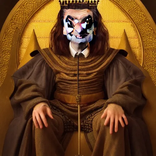 Prompt: A portrait of Mr. Bean depicted as a medieval king on throne, atmospheric lighting, painted, intricate, volumetric lighting, beautiful, rich deep colours masterpiece, golden hour, sharp focus, ultra detailed, by Leesha Hannigan, Ross Tran, Thierry Doizon, Kai Carpenter, Ignacio Fernández Ríos