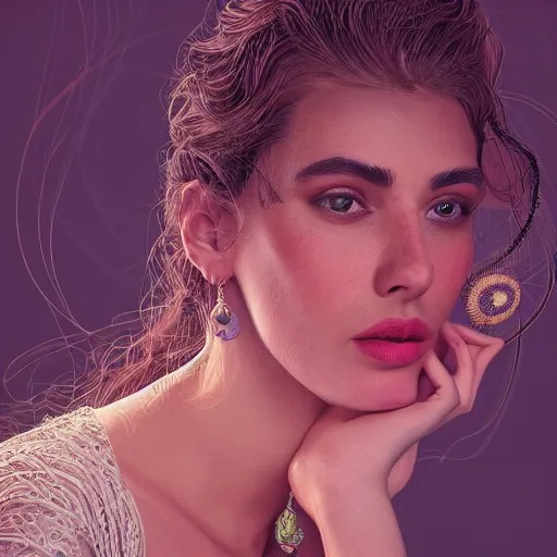 Image similar to the portrait of a ridiculously beautiful and elegant woman with a very large nose, a truly gigantic nose, an ultrafine detailed illustration, intricate linework, bright colors, behance contest winner, vanitas, angular, altermodern, unreal engine 5 highly rendered, global illumination, radiant light, detailed and intricate environment