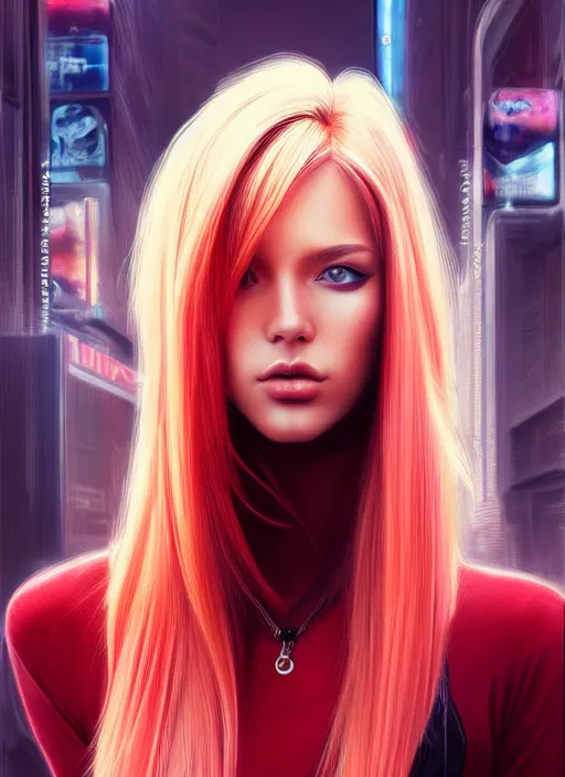 Image similar to photo of a gorgeous blondeand red ombre hair female in the style of stefan kostic, realistic, half body shot, sharp focus, 8 k high definition, insanely detailed, intricate, elegant, art by stanley lau and artgerm, cyberpunk city backgeound