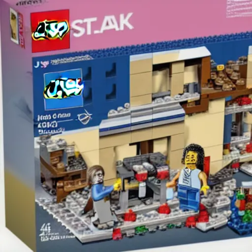 Prompt: a jonestown lego set with jim jones holding coolaid