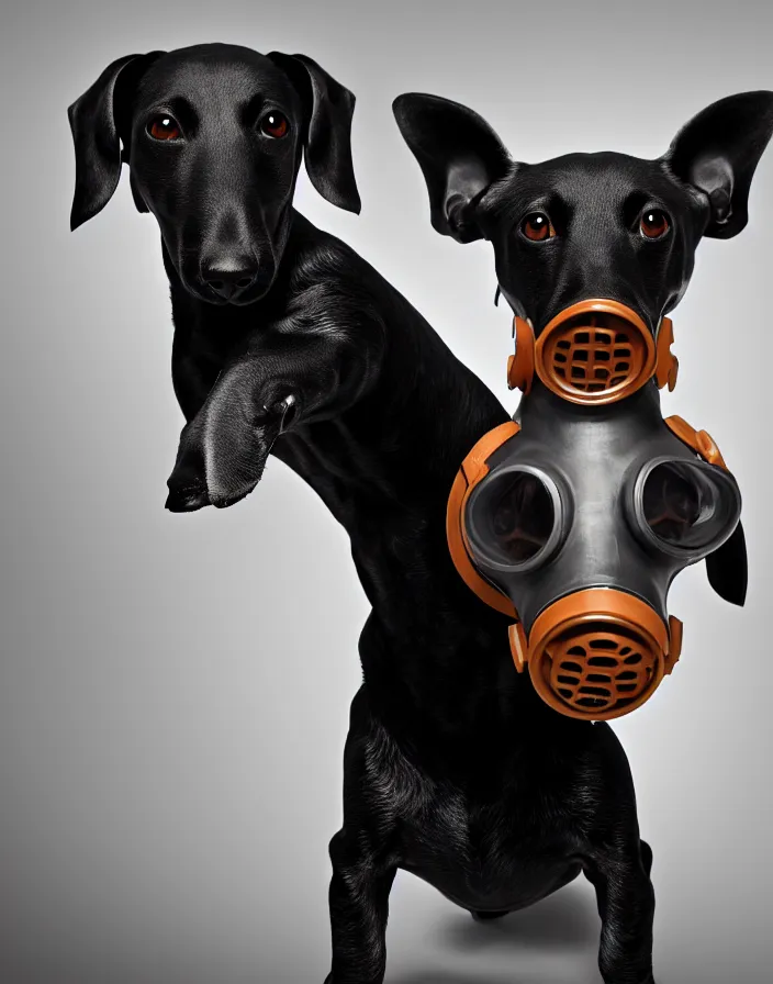 Image similar to photo of all black wiener dog wearing a gas mask. Trending on artstation, award winning. Octane render, 4k, 8k, unreal 5, very detailed, hyper control-realism, depth of field.