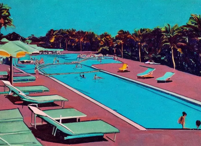 Image similar to pool at the beach. no people. nostalgic. 6 0 s styled art