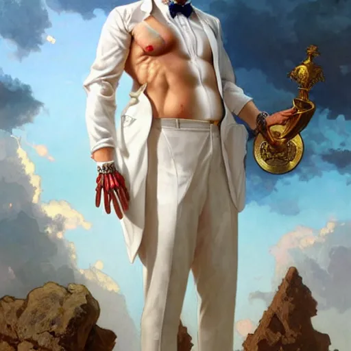 Image similar to a full body portrait of colonel sanders the greek god!!! extremely beautiful, anatomically accurate, by artgerm and by greg rutkowski and by alphonse mucha and by simon bisley, radiant light, detailed and intricate environment,