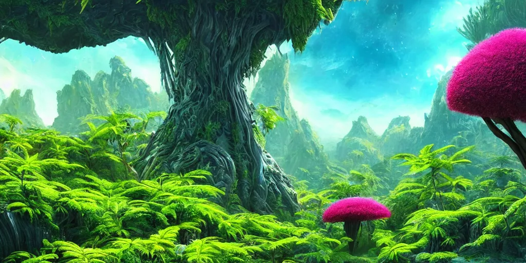 Image similar to a beautiful alien landscape with alien nature, deadly alien plants, colorful, vegetation, trees, blue atmosphere, wide angle, super highly detailed, professional digital painting, artstation, concept art, smooth, sharp focus, no blur, no dof, extreme illustration, Unreal Engine 5, Photorealism, HD quality, 8k resolution, cinema 4d, 3D, beautiful, cinematic, art by ross tan