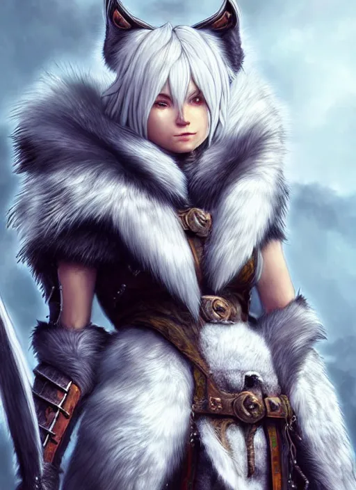 Image similar to warrior, fur - lined wolf armor!!! beautiful and gorgeous white hair female!! monster hunter!! character concept art, sharp focus, octane render! unreal engine 5! highly rendered!! trending on artstation!! detailed linework!! illustration by artgerm, wlop, and chie yoshii
