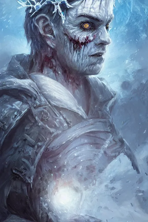 Image similar to frozen zombie man with a crown, eyes glowing blue, saling ship in the background, is at dawn and bluish, fantasy, intricate, elegant, digital painting, highly detailed, artstation, sharp focus, illustration, concept art, ruan jia, steve mccurry