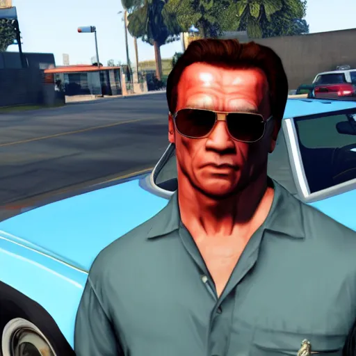 Image similar to GTA V arnold schwarzenegger screenshot stealing a cop car