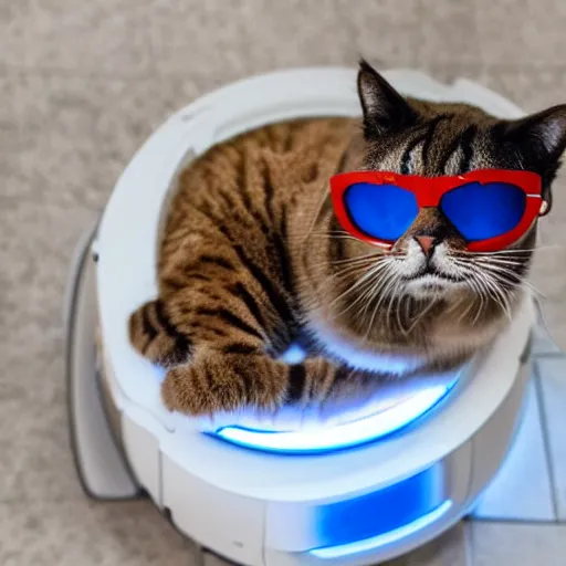 Prompt: cat wearing sunglasses, cat sitting on top of roomba, reflective marble floor, cushion, disco party lights, red tinted glasses, tigerprint