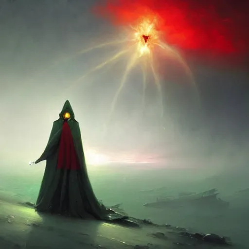 Prompt: ''cinematic shot'' red hooded mage ( spectre ) with bells ringing simetrical 8 k atmosferic realistic, wearing a green cape, holding a bell, made by ivan aivazovsky, peter mohrbacher, greg rutkowski volumetric light effect broad light oil painting painting fantasy art style sci - fi art style realism premium prints available artwork unreal engine