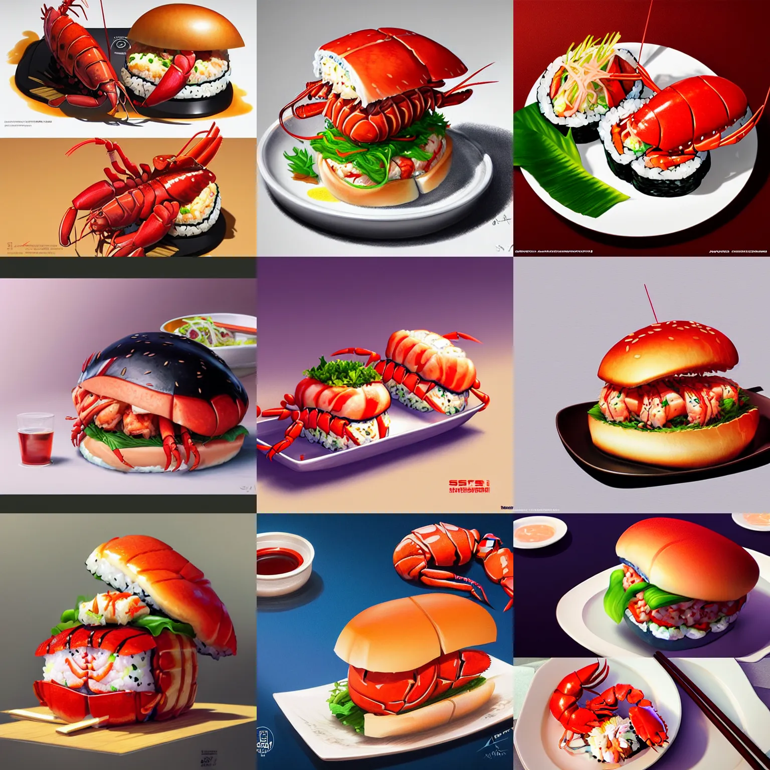 Prompt: lobster sushi burger. by stanley artgerm lau, wlop, rossdraws, james jean, andrei riabovitchev, marc simonetti, yoshitaka amano, artstation, cgsociety