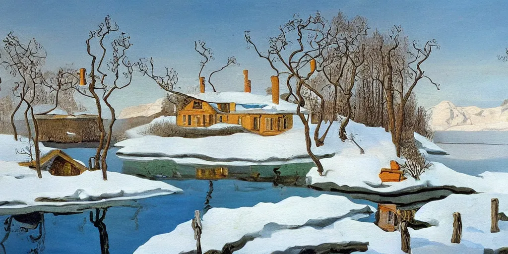 Image similar to an oil painting of a lakehouse in the winter painted by salvador dali, high detail,