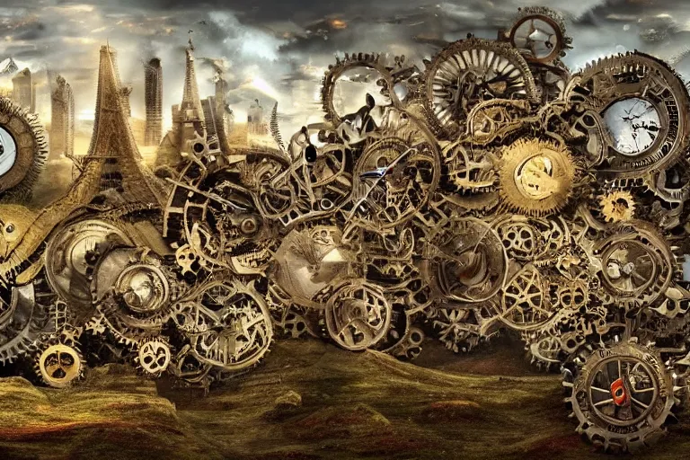 Prompt: A endless dimension of clocks, gears and other mechanical mechanisms, epic landscape shot, panorama