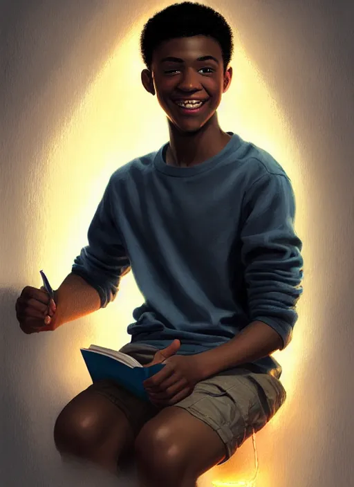 Image similar to portrait of teenage chuck clayton, black teenage boy, very short curly hair, very short hair, square jaw, slight excited smile, reading archie comic book, intricate, elegant, glowing lights, highly detailed, digital painting, artstation, concept art, smooth, sharp focus, illustration, art by wlop, mars ravelo and greg rutkowski