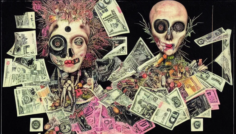 Image similar to post - punk new age album cover, asymmetrical design, dollar bank notes, capitalism, magic, apocalypse, psychedelic, black white pink, magic, giger h. r., giuseppe arcimboldo