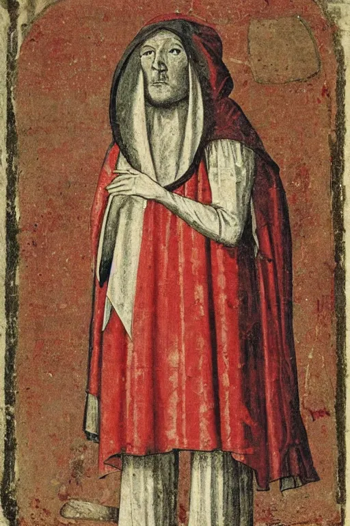 Prompt: medieval man wearing a red sack over his head, bloody, looking at the camera, photograph