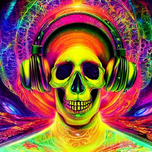 Image similar to portrait of a fantasycore glitchcore pristine skull wearing headphones. intricate abstract. intricate artwork. celestial. psychdelic. prismatic, by josephine wall, by gilbert williams, pixar, ghibli. octane render, CGSociety very coherent symmetrical artwork. cinematic, hyper realism, high detail, octane render, 8k, holographic accents