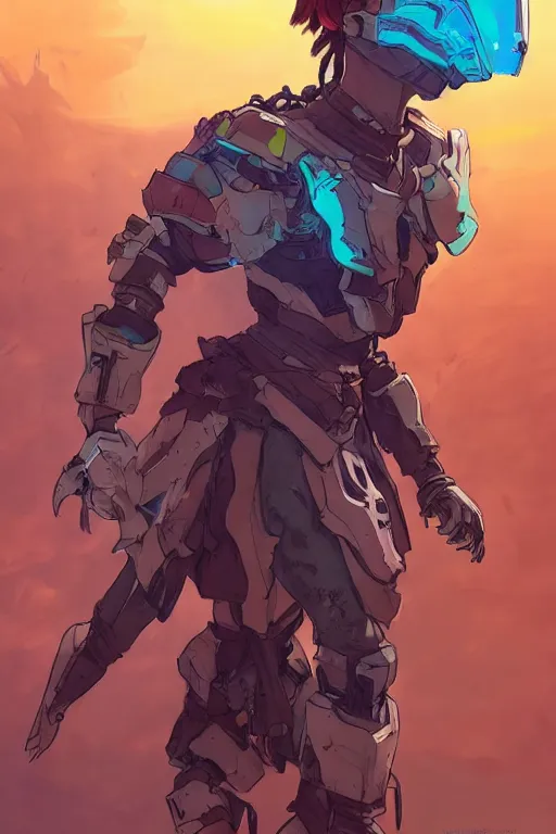 Image similar to combination suit armor aloy horizon forbidden west horizon zero dawn robot ninja mask helmet backpack tribal, art gta 5 comics, official fanart behance hd artstation by jesper ejsing, by rhads, makoto shinkai and lois van baarle, ilya kuvshinov, ossdraws radiating a glowing aura cgi rtx 2 0 2 2