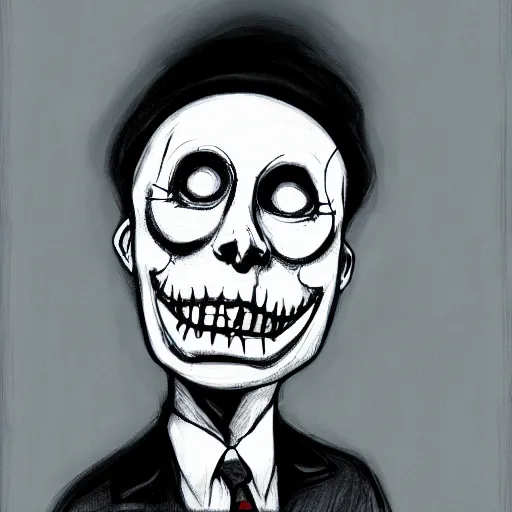 Image similar to grunge drawing of Klaus Schwab in the style of jack skellington and Jacob Shaw,creepy, surreal, trending on artstation, bold and vivid colour