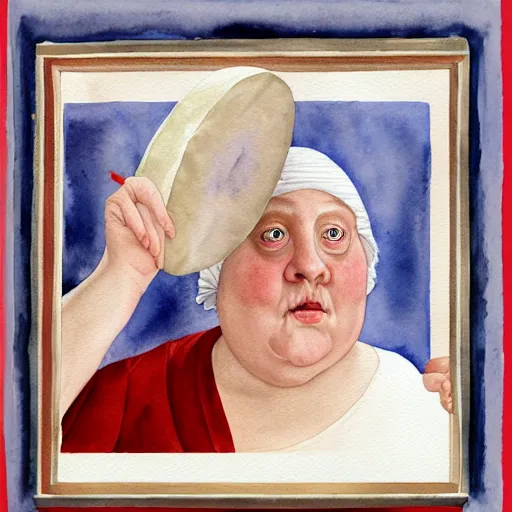 Image similar to of a very funny renaissance style watercolor painting of a sweet fat old woman kissing her reflection. symmetrical face, red mouth, blue eyes. a flowered dress. a hyper - realistic scene. 3 d, octane processing, deep focus, white scene. a very funny and sweet picture. unreal engine. watercolor. fellini cinematic style. poster quality. freud painting style.