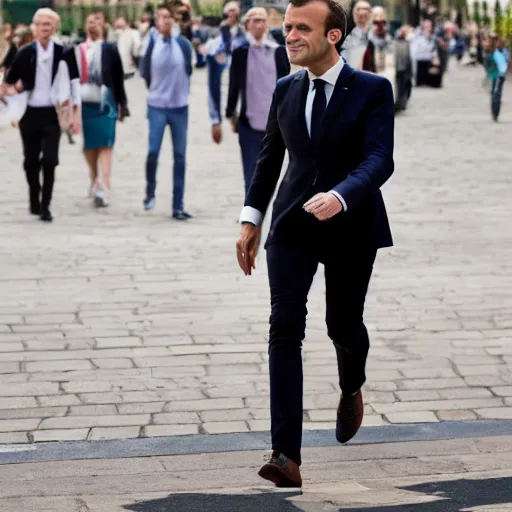 Image similar to 1750 Emmanuel Macron walking, 150mm photography, high quality, 4K