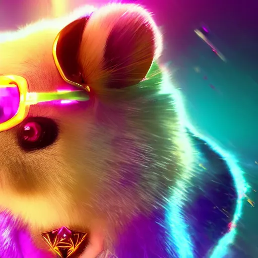 Image similar to hamster with rainbow fur in the style of cyberpunk 2 0 7 7, 8 k, hd, light reflection