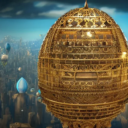 Image similar to enormous flying city in a faberge egg, sky, steampunk, fantasy art, masterpiece, unreal engine, intricate, intricate, intricate, detailed