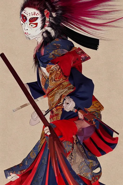 Image similar to an epic portrait of insane kabuki wielding a spear, magical aura of insanity, intricate hakama, poofy red wig, high energy, dramatic lighting, trending on artstation,