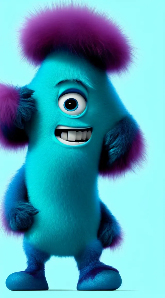 Image similar to a full studio shot of a deadly virus as a pixar character against a dark cyan backdrop. it is sinister yet friendly. hair, fur, fleshy, cute.