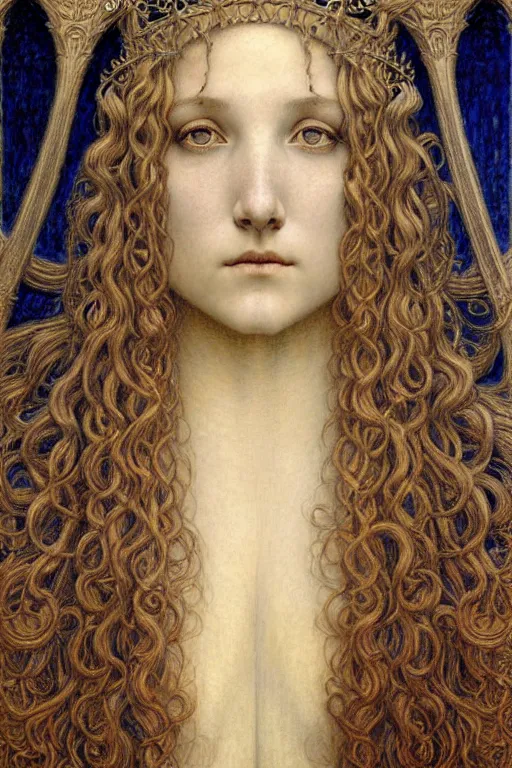 Image similar to detailed realistic beautiful young medieval queen face portrait by jean delville, gustave dore and marco mazzoni, art nouveau, symbolist, visionary, gothic, pre - raphaelite. horizontal symmetry