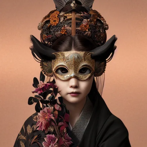 Image similar to a photorealistic dramatic fantasy render of a beautiful woman wearing a beautiful intricately detailed japanese monkey kitsune mask and clasical japanese kimono by wlop, artgerm, greg rutkowski, alphonse mucha, beautiful dynamic dramatic dark moody lighting, shadows, cinematic atmosphere, artstation, concept design art, octane render, 8 k