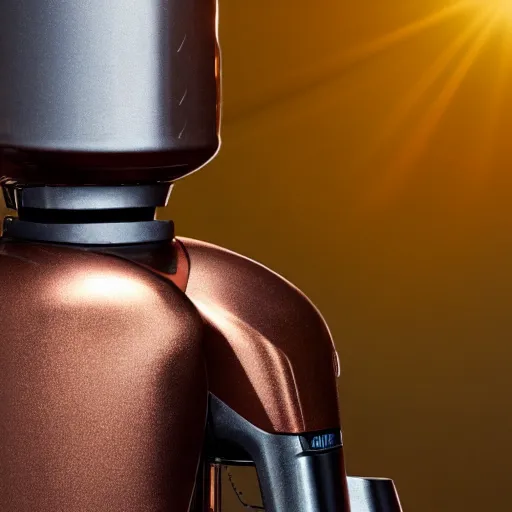 Prompt: Henry Hoover in copper armor illuminated by sun, high definition photography