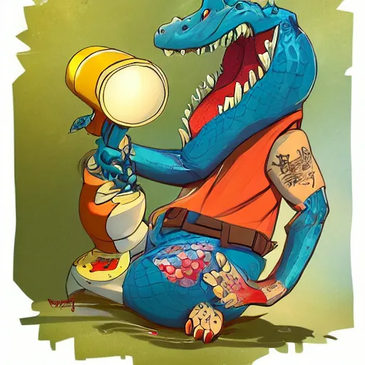 Image similar to in the style of artgerm, loish and ross tran, anthropomorphic alligator, red scales on his back, yellow scale on his belly and chest, male, waring a hawaiian shirt, in the style of zootopia