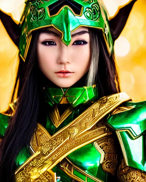 Image similar to a beautiful close up photo of a female Asian elf ranger with long hair and green eyes, no helmet, wearing green and gold futuristic mecha armor, with ornate rune carvings and glowing lining, very detailed, shot in canon 50mm f/1.2