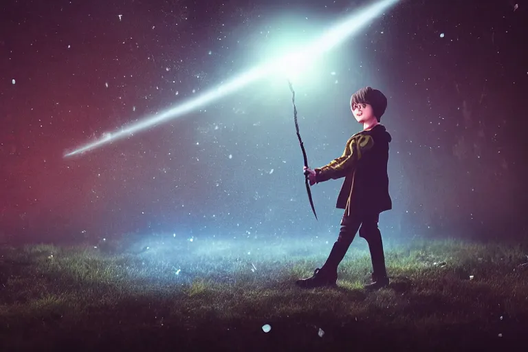 Prompt: a young wizard points their wand, a blast of bright magic flies from the end of the wand, on an empty moonlit moor, dramatic lighting, lens flare, cinematic photography