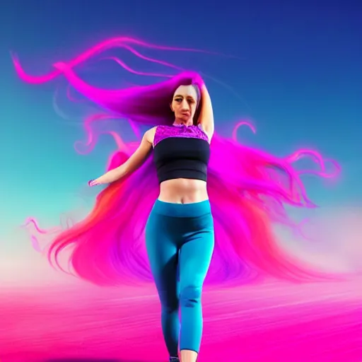 Image similar to a award winning full body shot of a beautiful woman in a croptop and leggings with a ombre purple pink teal hairstyle with head in motion and hair flying, outrun, vaporware, vivid colors, highly detailed, fine detail, intricate