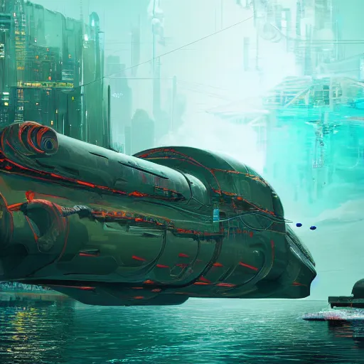 Prompt: cyberpunk submarine near a dock, digital art, painterly style, epic composition, hd, 4 k, professional, intricate detail