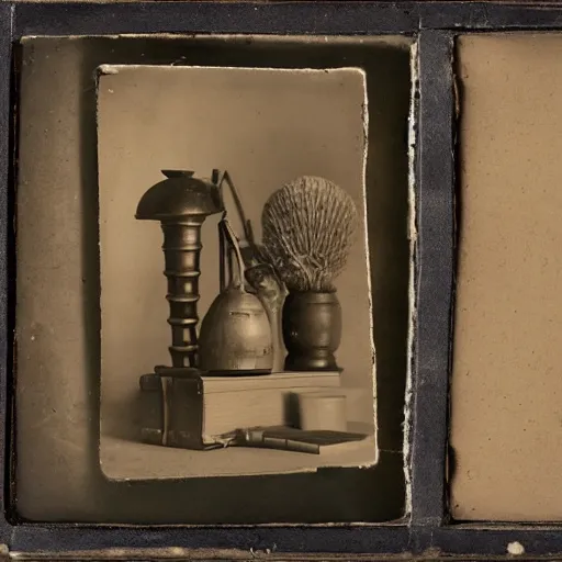 Image similar to Tintype photograph of objects displayed in an ethnographic museum, primitive display, anthropology of wonder, in the style of Marcel Duchamp, found objects, ready-made, 1920s studio lighting.