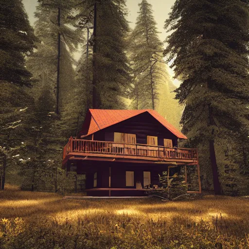 Image similar to a cabin in the woods, octane render