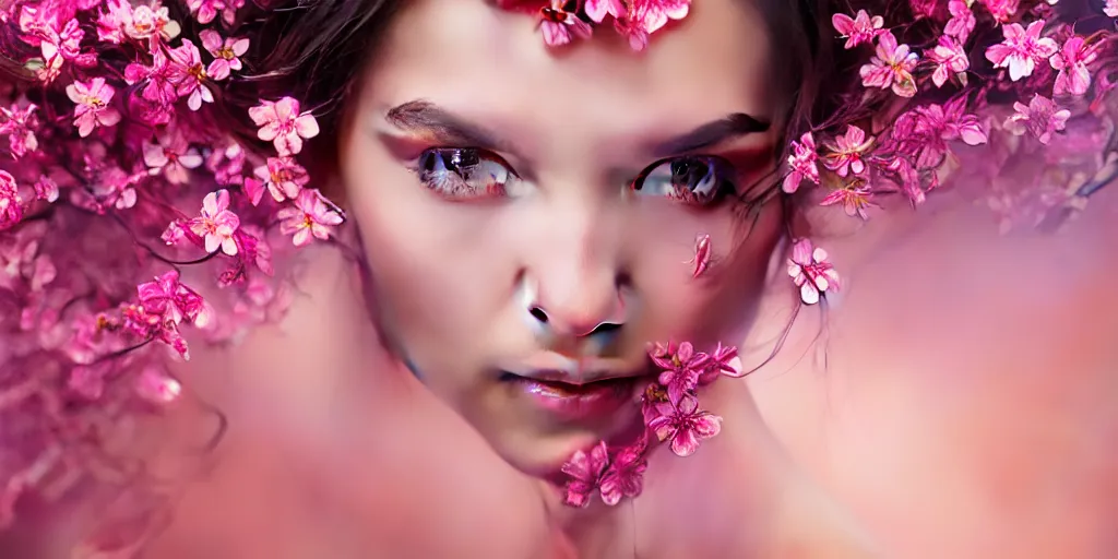 Prompt: photo of a gorgeous elfin female with fluid flowers covering her in the style of stefan kostic, realistic, half body shot, sharp focus, 8 k high definition, insanely detailed, intricate, elegant, art by stanley lau and artgerm, extreme blur cherry blossoms background