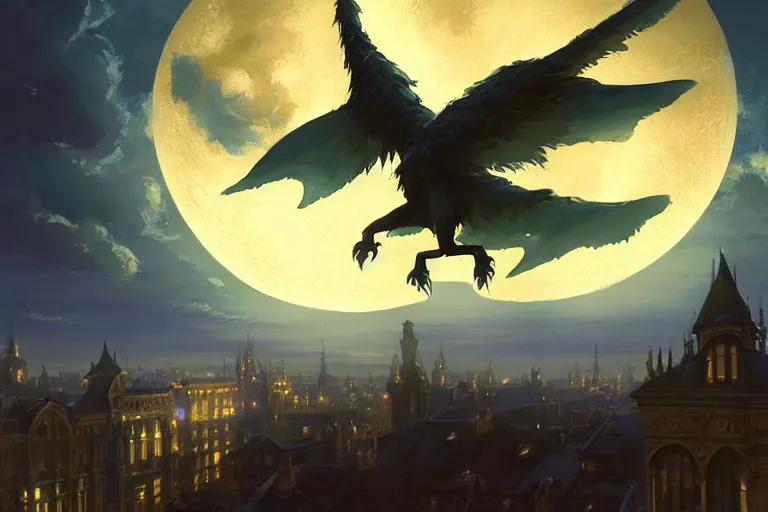 Image similar to a winged monster in the sky above a victorian city, scene in the night. full moon, 1 8 9 0, key visual, conceptart, ambient lighting, highly detailed, digital painting, artstation, concept art, sharp focus, by makoto shinkai and akihiko yoshida and greg manchess